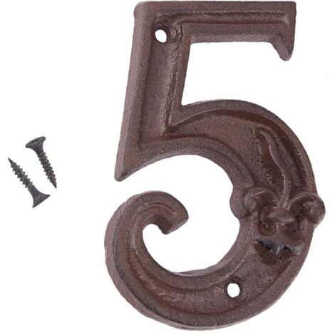 Número de casa de metal KZQ 5, número de puerta, número de dirección, número de buzón - Estilo vintage, acabado rústico marrón desgastado con flor de lis en relieve, altura 120 mm