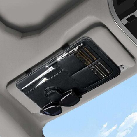Organizador de parasol para coche KZQ, pequeño bolso de cuero sintético con múltiples bolsillos para guardar tarjetas de visera y accesorios de matrícula. (1/4)