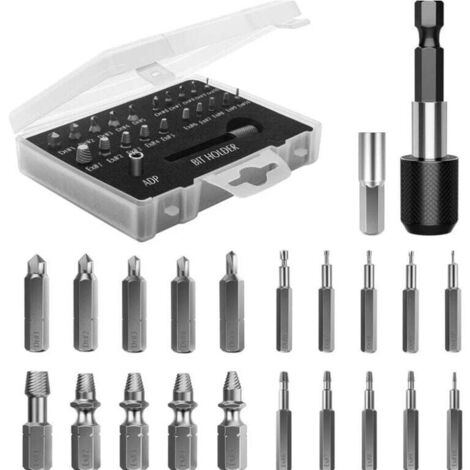 Kit de extracción de tornillos rotos KZQ, 22 piezas, herramientas de extracción mejoradas, acero de aleación HSS 4341, con brocas, 2 soportes magnéticos de extensión de brocas y adaptador de enchufe p (1/4)