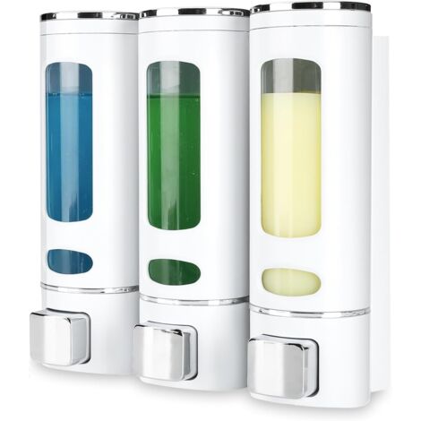 Dispensador de jabón líquido de pared, dispensador de jabón de loción manual para champú, jabón, acondicionador y gel de ducha, apto para baño, cocina y hotel (blanco, 400 ml x 3) (1/4)