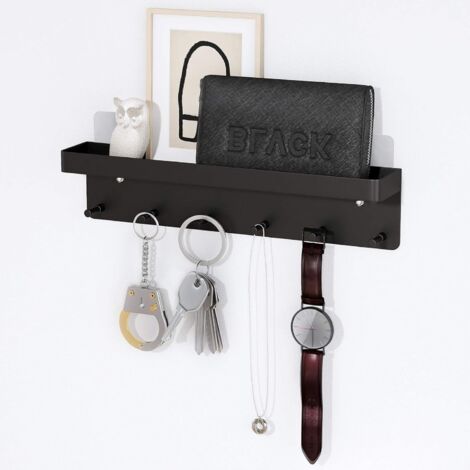 Llavero adhesivo de pared con bandeja organizadora de correo y 6 ganchos para llaves, color negro (1/4)