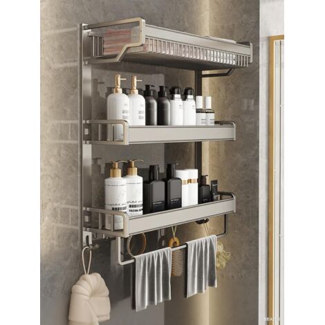 Estante de almacenamiento de pared de metal de 3 niveles para baño, multifuncional, con toallero y ganchos para baño, inodoro, cocina y caravana.