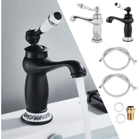 Grifo de lavabo de latón vintage, grifo de cerámica para fregadero, grifo mezclador antiguo, grifo de agua fría y caliente, decoración de repuesto adecuada para cocina y baño, color negro. (1/4)