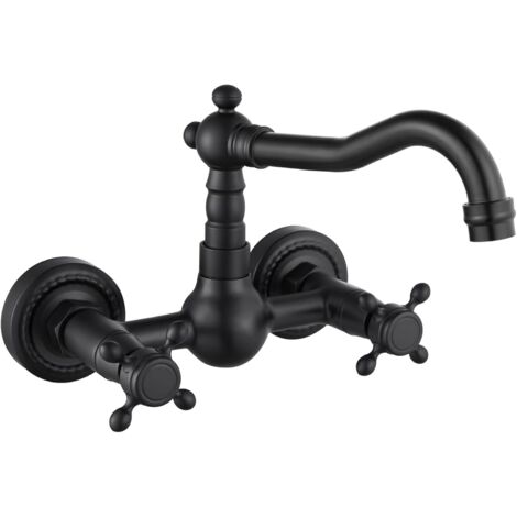 Grifo de bañera antiguo de estilo europeo, color negro, con doble manija de pared para mezclar agua caliente y fría, rotación de 360°, totalmente de cobre, ideal para renovar el baño.