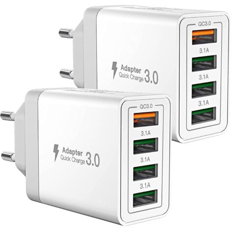 Cargador USB, paquete de 2, cargador rápido para iPhone de 40 W con múltiples puertos USB, adaptador USB-A QC 3.0 de 4 puertos para iPhone 16, 15, 14, 13, 12, 11 Pro Max, X, XS, XR, 8, 7, 6S Plus, Min (1/4)