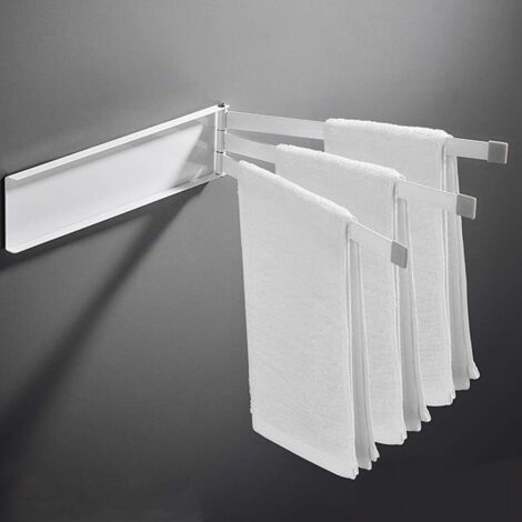 Porte-serviettes mural pivotant avec 3 barres en acier inoxydable blanc - Rotation à 180 ° - Pour cuisine, salle de bain, toilettes - 3 barres