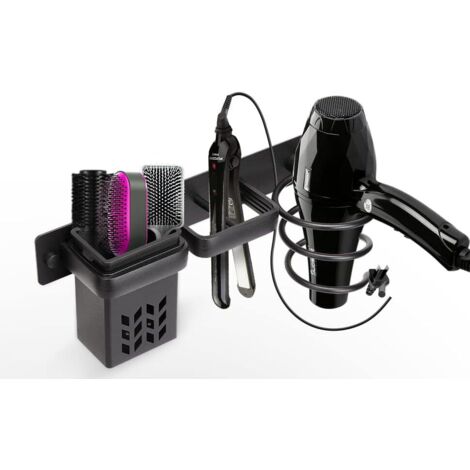 Sèche-Cheveux Salle De Bain Rangement Porte Accessoires Support Organisateur Ensemble Et Lisseur Accessoire Mural Professionnel En Aluminium Pour,D'étagère Avec Trous Pour Argenté Noir (1/5)