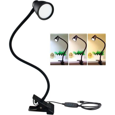 Lampe de lecture à LED, lampe à pince, 3 modes de couleur, 5 luminosités, lampe à pince pour table de chevet de bureau, alimentation USB 5 W, bras flexible