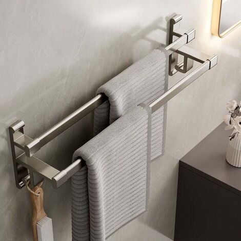 Porte-serviettes de salle de bain sans trous porte-serviettes double bras salle de bain double espace porte-serviettes de salle de bain en aluminium porte-serviettes auto-adhésif gris métallisé double (1/5)