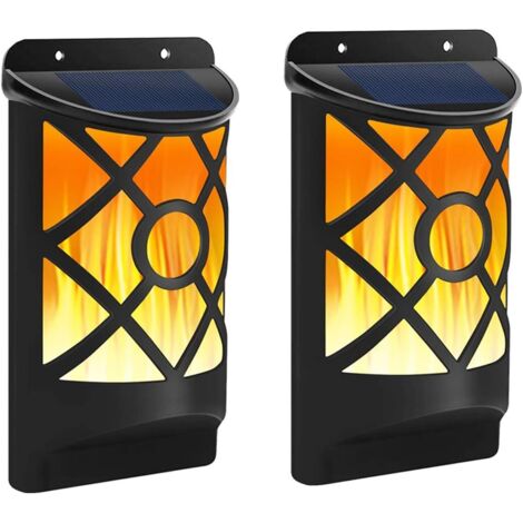 Vtizikl Applique murale solaire, lumière de flamme clignotante étanche extérieure avec capteur d'obscurité marche/arrêt automatique, veilleuse murale design en treillis (2 pièces)