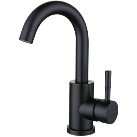 Vtizikl Robinet d'eau chaude et froide noir en acier inoxydable petit robinet de bassin rotatif brossé de salle de bain incurvé (1/5)