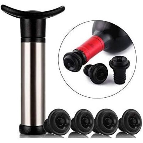 Vtizikl Pompe à vin en acier inoxydable. Cette pompe à vin est utilisée pour la conservation du vin et permet d'éliminer l'air et de conserver le vin sous vide grâce à ses 4 bouchons. (1/4)