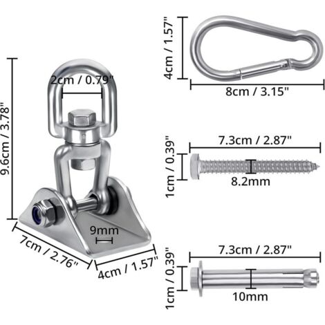 Kit Crochet Plafond Ultra-Résistant 400 Kg – Rotation 360° + Mousquetons & Chaîne D’Extension Pour Fauteuil Suspendu, Hamac Ou Balançoire