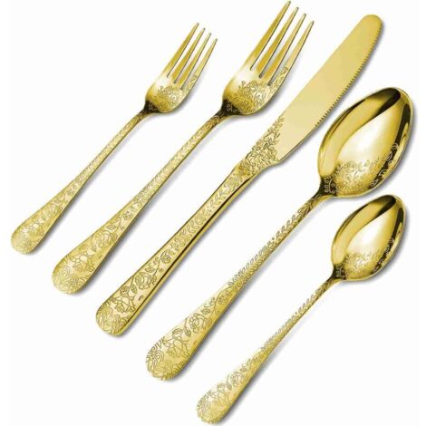 Vtizikl Ensemble de couverts pour 4 personnes, couteaux, fourchettes, cuillères, fournitures de table à manger, doré (1/4)