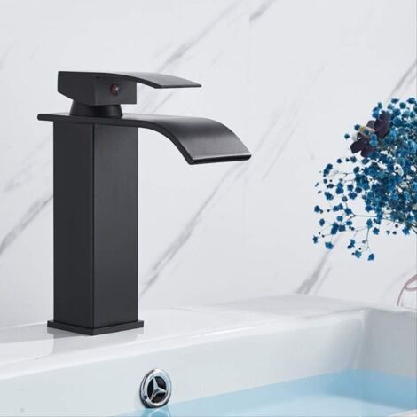 Vtizikl Robinet de salle de bain cascade noir monté sur comptoir, mitigeur de lavabo, eau chaude et froide