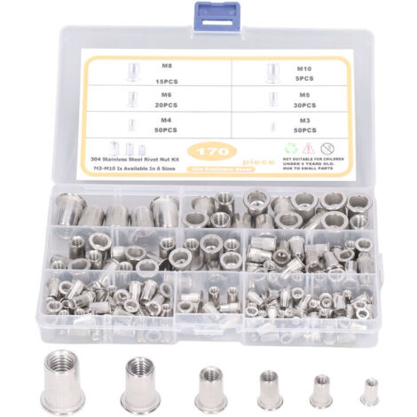 Vtizikl 170 Pièces Acier Inoxydable Rivet Écrou Outil Plat Tête Filetée Rivet Nutsert Cap Assortiment kit M3 M4 M5 M6 M8 M10 Types Nuts (1/4)