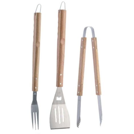 Vtizikl Set 3 Pezzi Utensili Barbecue In Acciaio E Legno Accessori Attrezzi Bbq Tools - (1/3)