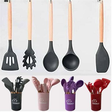 Vtizikl Set 12 Utensili Da Cucina In Silicone Con Manico Legno Antiaderenti Resistenti - (1/4)