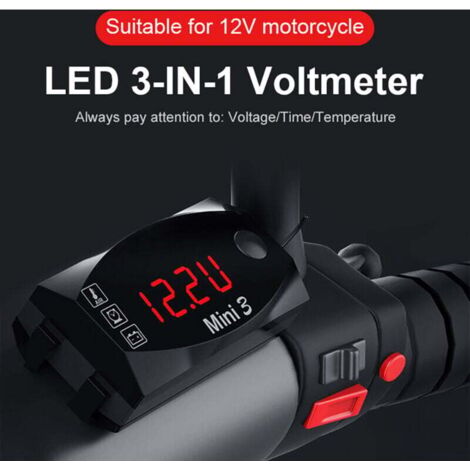 Vtizikl Compteur de moto 3 en 1, horloge numérique à LED, thermomètre, voltmètre, tension, moniteur de batterie étanche, jauge 6-30 V, pour voiture, bateau (1/4)