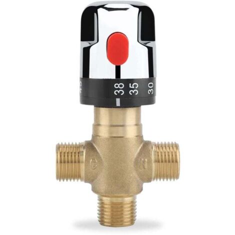 Vtizikl Mitigeur Thermostatique, Vanne de Contrôle de la Température de L'eau en Laiton Massif G1/2, Mitigeur Thermostatique à Trois Voies, pour une Utilisation dans la Salle de Bain, les Toilettes, l (1/4)