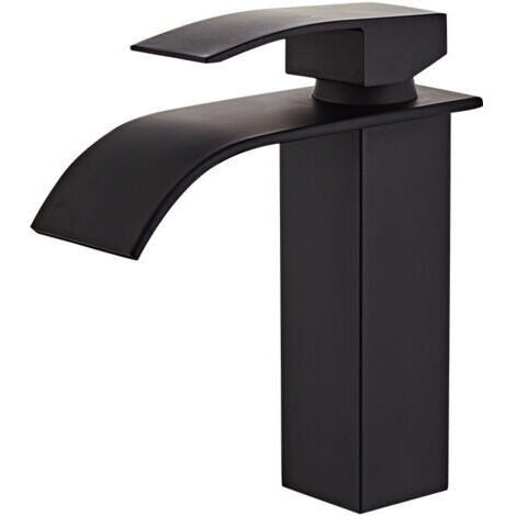 Grifo mezclador de lavabo tipo cascada negro, grifo de baño monomando moderno para lavabo de encimera, apto para lavabos integrados. (1/5)