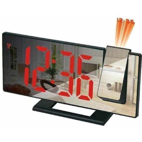 Sveglia con proiettore, sveglia con proiezione a 180°, orologio digitale con display a specchio LED, porta USB, funzione snooze, 4 livelli di luminosità, 12/24 ore (alloggiamento nero con testo rosso) (1/5)