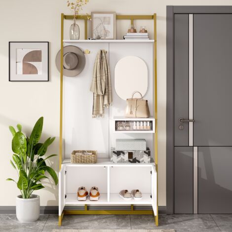 Armadio compatto minimalista moderno, mobile contenitore multifunzionale aperto con specchio, ganci in metallo, appendiabiti con panca per scarpe, guardaroba, scarpiera, appendiabiti (1/5)