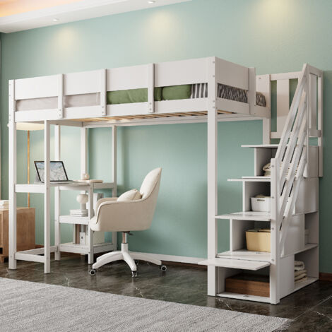 Letto a castello multifunzionale con spazio contenitore, letto a soppalco con ripiano 90 x 200 cm, struttura del letto in legno massello di pino con rete a doghe, letto per bambini e ragazzi, bianco (1/5)