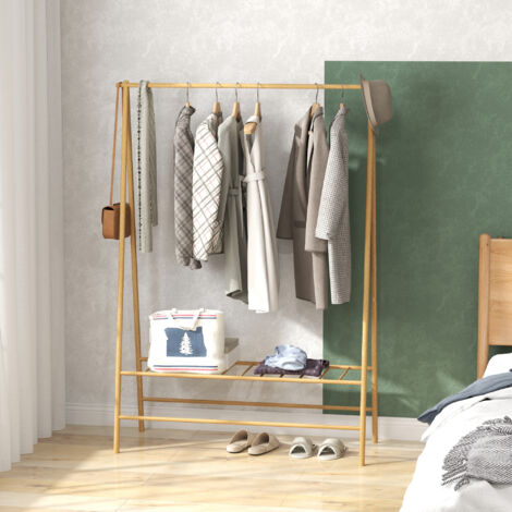 Appendiabiti in bambù, appendiabiti con ripiani e ganci, stendibiancheria con asta appendiabiti, per corridoio, soggiorno, camera da letto, 116 x 43,5 x 160 cm, legno naturale (1/5)