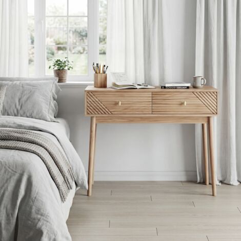 Scrivania/consolle in stile moderno di metà secolo con cassetti e ripiani aperti, design vintage, adatta per soggiorno, ingresso e corridoio, color rovere (1/5)