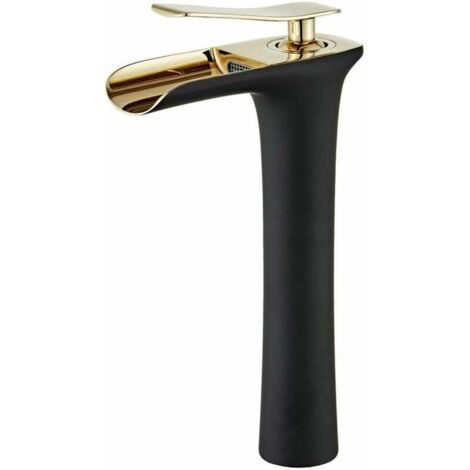 Ulisem Grifo de baño moderno en cascada - Mezclador monomando para lavabo con ajuste de agua fría y caliente - Negro y dorado (1/5)