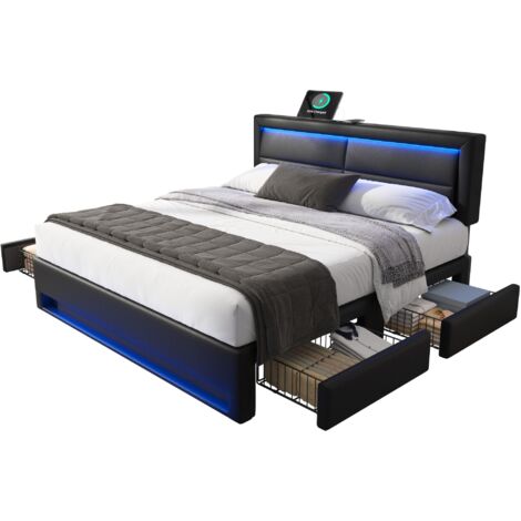 Cama tapizada de 140 x 190 cm con puerto USB (admite carga inalámbrica y por cable), con iluminación LED y cuatro cajones de almacenamiento, colchón no incluido, diseño PU lichi, color negro (1/5)