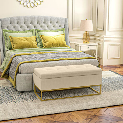 Banco de almacenaje con tapa abatible, aspecto terciopelo beige, banco de cama con patas de acero, 110x44x49 cm, para recibidor o salón (1/5)