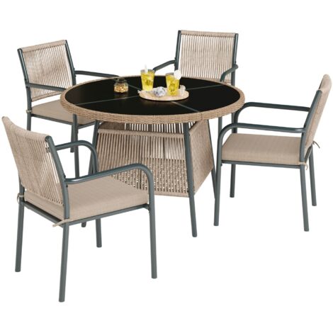 Moderno conjunto de muebles de jardín de ratán con mesa redonda de cristal y 4 sillones, estructura de hierro resistente, ideal para terraza, balcón y cubierta. (1/5)