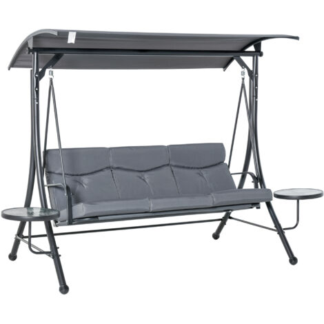 Columpio Hollywood de 3 plazas con toldo y mesa de té, estructura de acero y poliéster, 271 × 125 × 177 cm, gris/negro
