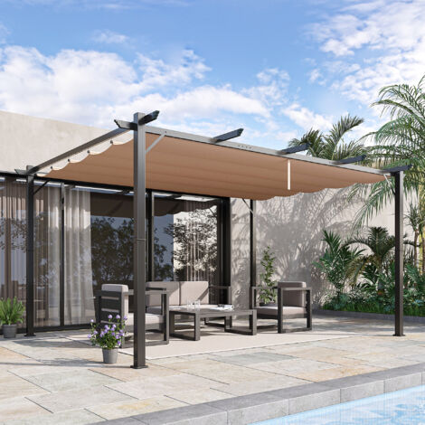 Pérgola de 3 x 4 m de aluminio con techo de lona orientable, toldo para terraza y jardín, color gris y marrón.