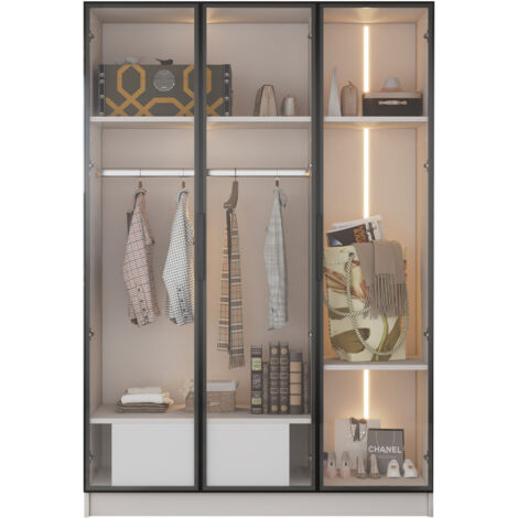 Armario blanco con 3 puertas de cristal, 1 cajón y 1 barra, con iluminación LED, 110x50x160 cm (1/5)