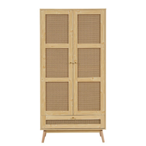 Armario con barra para ropa, 2 puertas, con tejido de ratán y compartimento abatible en la parte inferior, armario para dormitorio y salón, aglomerado + ratán PE, natural