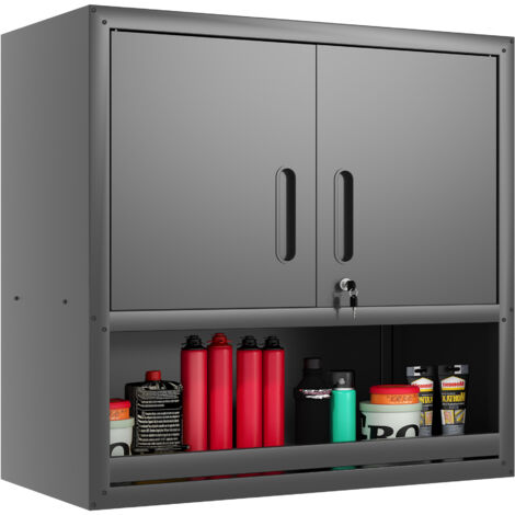 Armario de herramientas metálico de pared con puerta, 1 estante regulable y 1 compartimento abierto, altura 77 cm, ideal para garaje, almacén y oficina, requiere montaje.