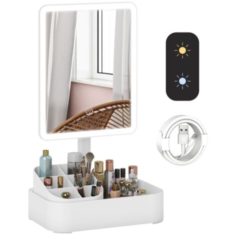 Espejo de maquillaje LED, recargable, giratorio 180°, 2 modos de iluminación, blanco