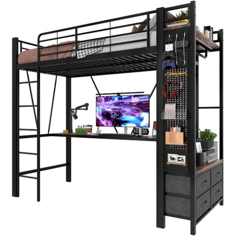 Cama alta 90×200 cm con estructura de hierro, escritorio, barra para ropa, estantes, 4 cajones, toma USB + Tipo C, tira LED, barandilla, escalera y tablero perforado, color negro, sin colchón (1/5)