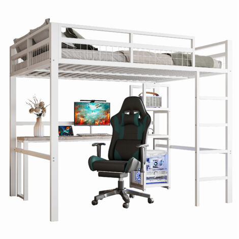 Cama alta 140×200 cm con estructura de hierro, escritorio con toma de corriente, USB Tipo-C, baldas y barandilla, color blanco, sin colchón (1/5)