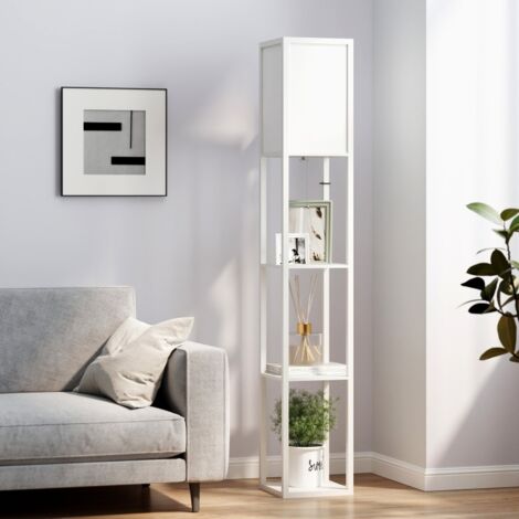 Lámpara de pie con estantes, madera, 26x26x160 cm, para salón y dormitorio, sin bombilla