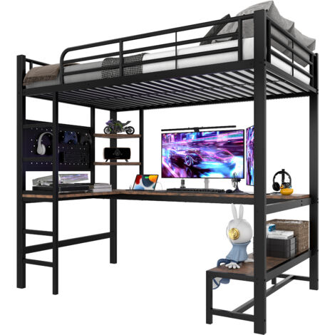 Cama alta 90×200 cm con estructura de hierro, escritorio, barandilla y escalera, estantes, USB + Tipo-C, tira LED, tablero perforado, color negro, sin colchón (1/5)