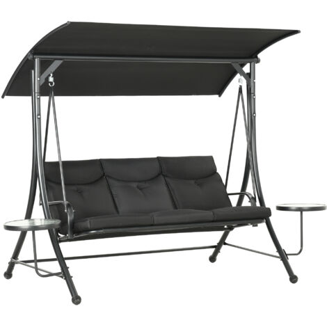 Columpio Hollywood de 3 plazas con mesa de centro y parasol regulable, capacidad de carga hasta 300 kg, para jardín y terraza, 271 × 125 × 177 cm, color negro