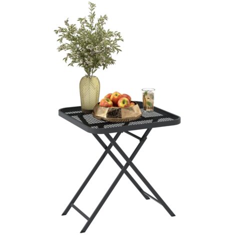 Mesa de jardín plegable de 70 x 70 cm, resistente a la intemperie, de acero, mesa de balcón con diseño recortado, mesa cuadrada de exterior y auxiliar para jardín, terraza y balcón, color negro