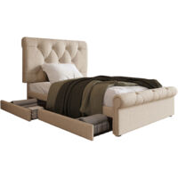 Cama individual tapizada 90x200cm, estructura de cama con 2 cajones y cabecero regulable en altura, cama funcional Chesterfield, color natural, sin colchón