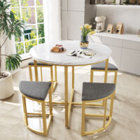 Conjunto de mesa de comedor con cuatro sillas, grupo de comedor con tablero de MDF y estructura de hierro dorado, silla de terciopelo, mesas y sillas de lujo modernas, gris