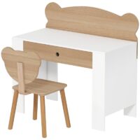 Conjunto de escritorio infantil con tablero y cajón, escritorio y silla en forma de oso, escritorio de estudiante resistente para niños y niñas, madera natural