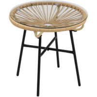 Mesa auxiliar redonda de ratán para terraza y balcón, color negro/beige, 50 x 50 x 50 cm
